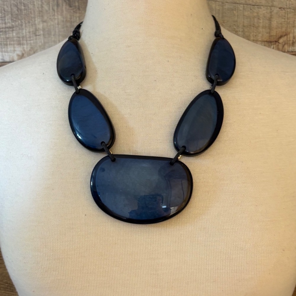 Navy Blue Marbled Resin Statement Bib Necklace Silver Tone Adjustable